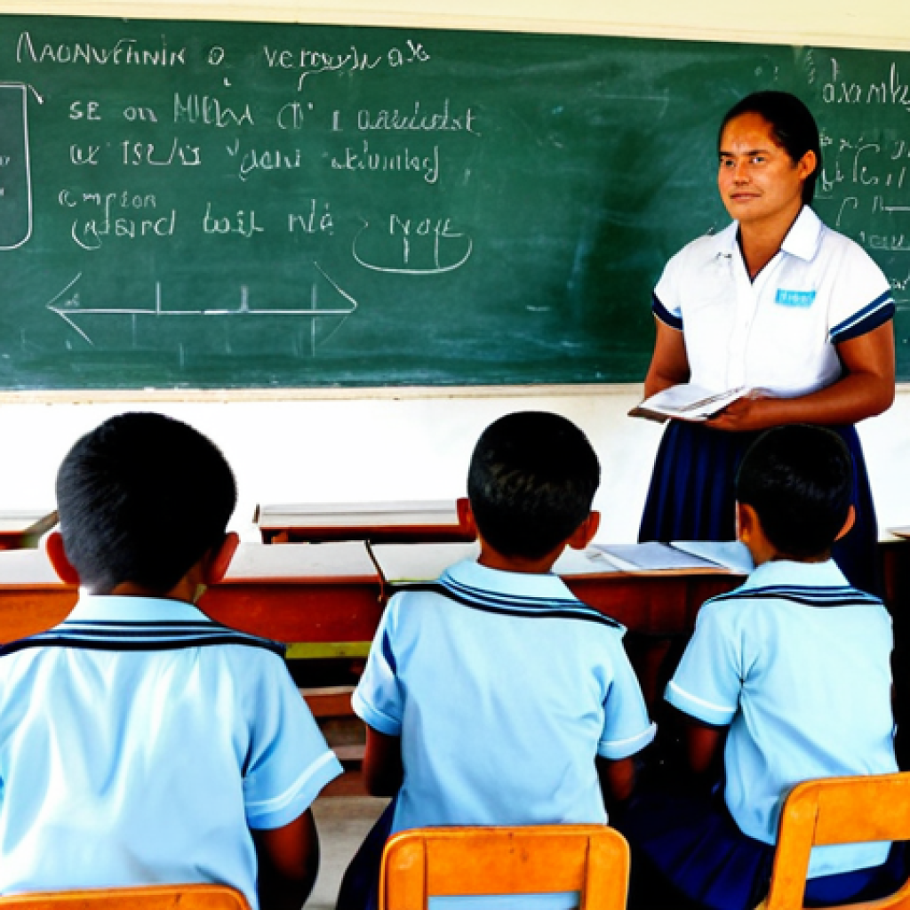 Bilingual Classroom in Kiribati**

A brightly lit classroom in Kiribati. Children in uniforms are attentively listening to a teacher. The teacher is writing on a chalkboard with both Kiribati and English words visible. Posters in both languages adorn the walls. The atmosphere is encouraging and engaging. Fully clothed, appropriate attire, safe for work, perfect anatomy, natural proportions, professional, family-friendly.

**