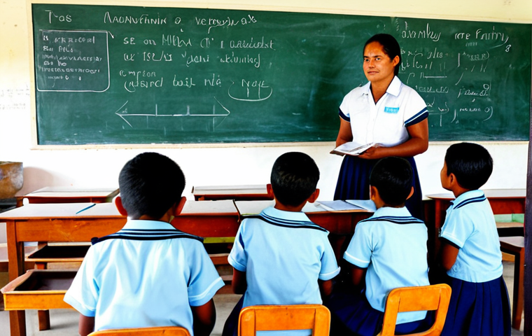 Bilingual Classroom in Kiribati**

A brightly lit classroom in Kiribati. Children in uniforms are attentively listening to a teacher. The teacher is writing on a chalkboard with both Kiribati and English words visible. Posters in both languages adorn the walls. The atmosphere is encouraging and engaging. Fully clothed, appropriate attire, safe for work, perfect anatomy, natural proportions, professional, family-friendly.

**