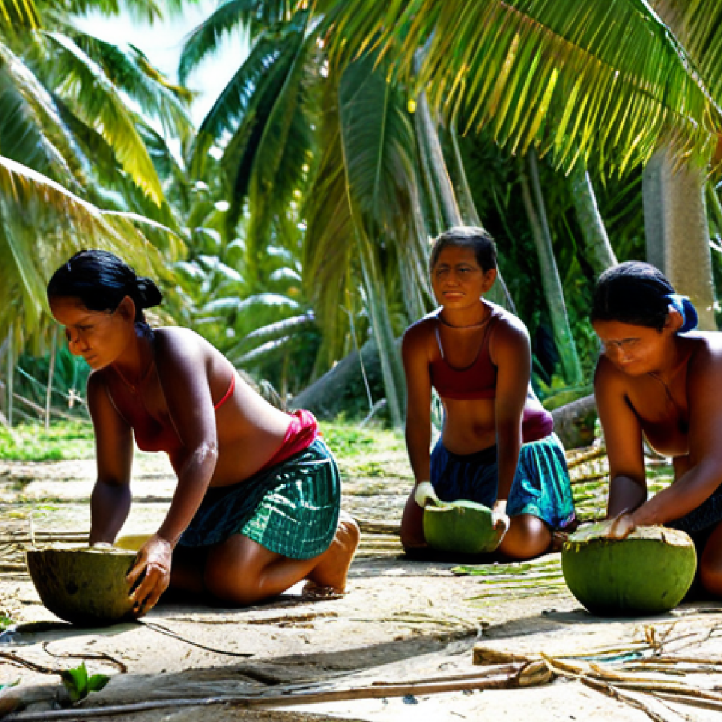 Kiribati Coconut Harvest**

A group of fully clothed Kiribati women harvesting coconuts in a lush, tropical grove.  They are using traditional tools and techniques.  The scene is bathed in warm sunlight.  In the background, traditional Kiribati homes can be seen.  Safe for work, appropriate content, fully clothed, family-friendly, professional photography, perfect anatomy, natural proportions, well-formed hands, proper finger count, natural body proportions.

**