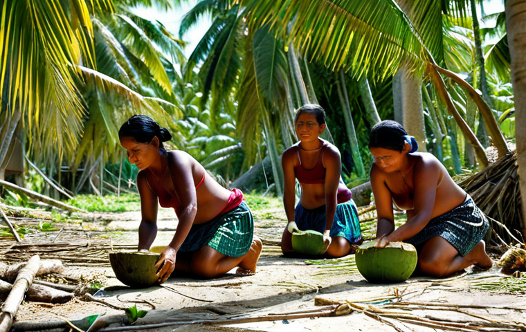 Kiribati Coconut Harvest**

A group of fully clothed Kiribati women harvesting coconuts in a lush, tropical grove.  They are using traditional tools and techniques.  The scene is bathed in warm sunlight.  In the background, traditional Kiribati homes can be seen.  Safe for work, appropriate content, fully clothed, family-friendly, professional photography, perfect anatomy, natural proportions, well-formed hands, proper finger count, natural body proportions.

**