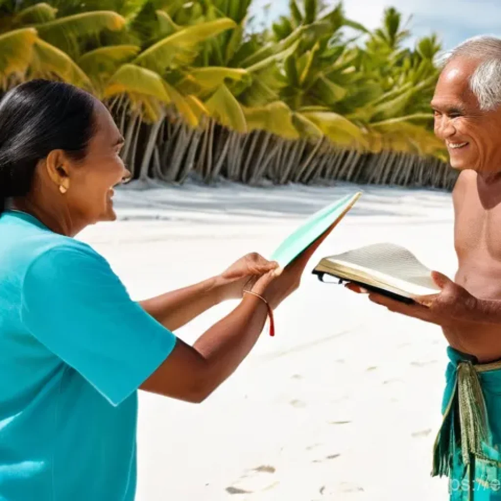 키리바시 길버트어 배우기 - **Prompt:** A heartwarming scene on a sun-drenched beach in Kiribati. In the foreground, a local i-K...