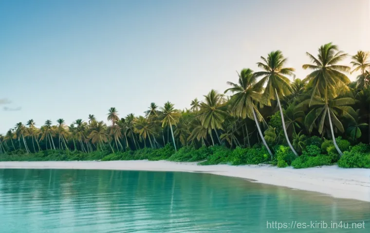 키리바시 부족별 언어 차이 - **Prompt:** A serene, panoramic view of a typical Kiribati atoll at sunrise. The soft light illumina...