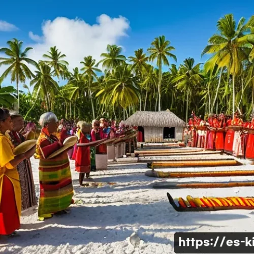 키리바시 조상 숭배 문화 - A vibrant traditional Kiribati offering ceremony scene at a sacred outdoor site, featuring community...