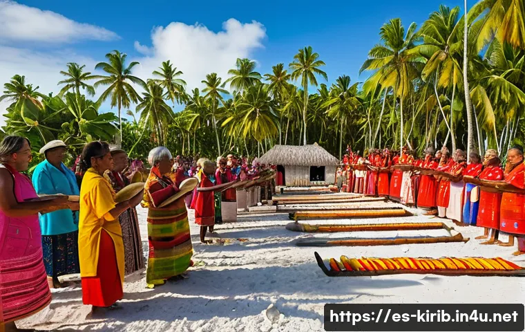 키리바시 조상 숭배 문화 - A vibrant traditional Kiribati offering ceremony scene at a sacred outdoor site, featuring community...