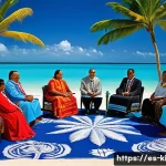 Home 21 키리바시의 국제 관계 - A vibrant diplomatic meeting scene on a tropical island setting representing Kiribati, featuring div...