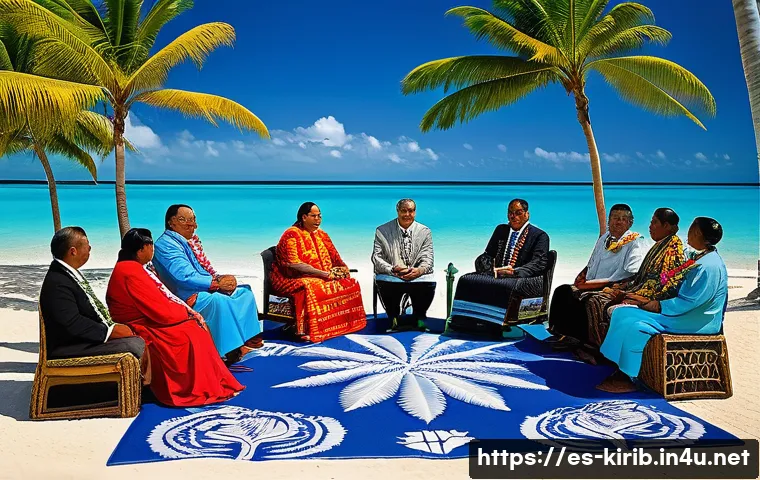 키리바시의 국제 관계 - A vibrant diplomatic meeting scene on a tropical island setting representing Kiribati, featuring div...