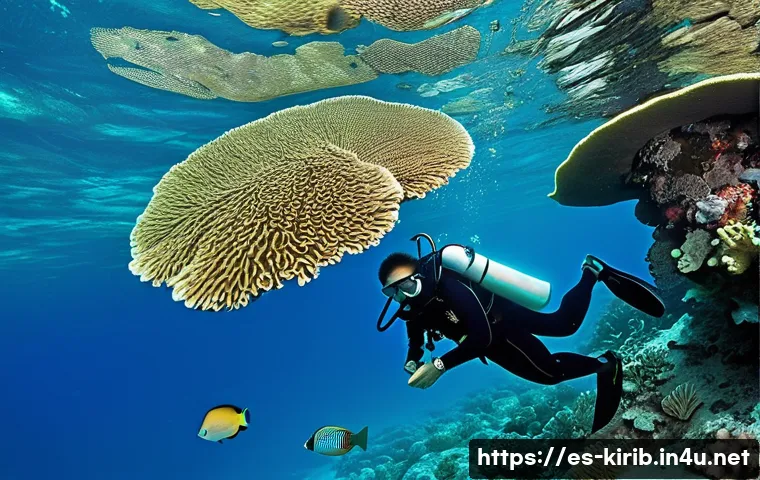 키리바시 다이빙 추천 장소 - A vibrant underwater scene showcasing the coral reefs of Tarawa, Kiribati, filled with colorful hard...