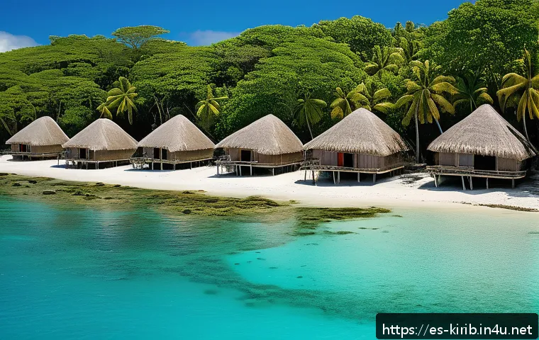 키리바시 관광 산업의 미래 - A vibrant coastal village in Kiribati showcasing sustainable tourism practices: traditional thatched...