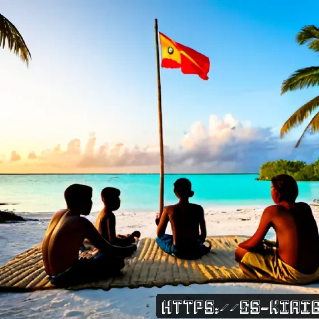 키리바시 독립 과정 - Photorealistic historical scene in Tarawa, Kiribati, 1979, a peaceful independence ceremony at sunri...