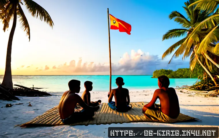 키리바시 독립 과정 - Photorealistic historical scene in Tarawa, Kiribati, 1979, a peaceful independence ceremony at sunri...