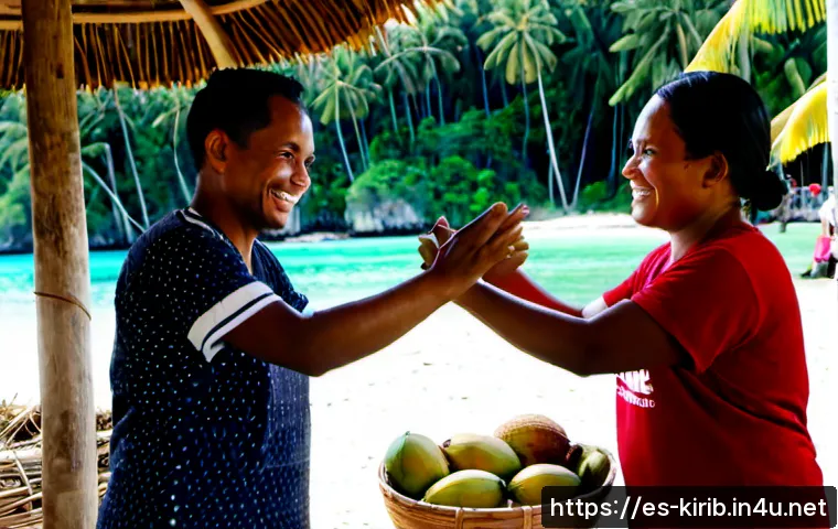 Home 17 키리바시 로컬 슬랭 및 표현 - Photorealistic documentary-style scene in a Kiribati village market, two adult I-Kiribati friends sm...