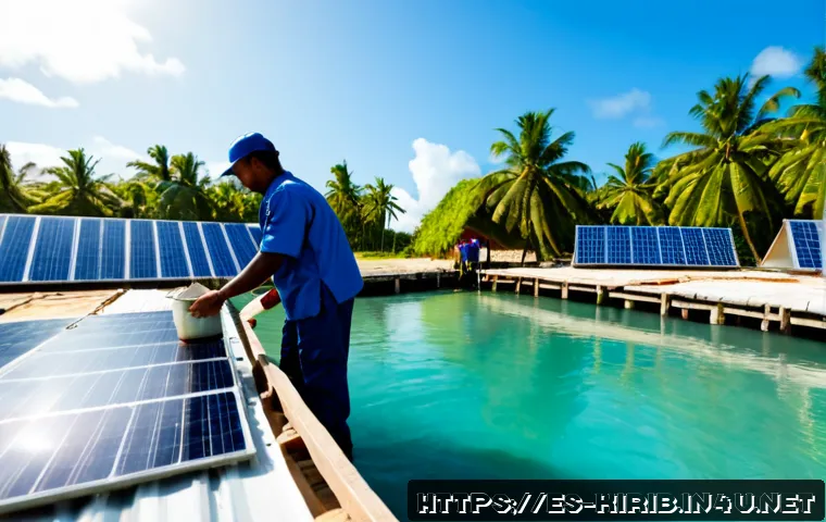 키리바시 국제 원조 수혜 내역 - Photorealistic wide-angle scene on a Kiribati atoll, international development aid supporting a sola...